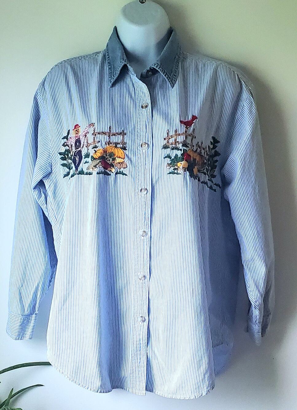 Vintage Womens Blue Striped Autumn Fall Long Sleeve Cotton Shirt Size S Cottage